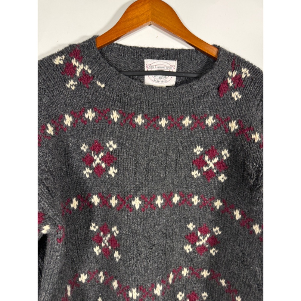 John Ashford Sport Mens Gray Fair Isle Shetland Wool Hand Knitted Sweater Medium